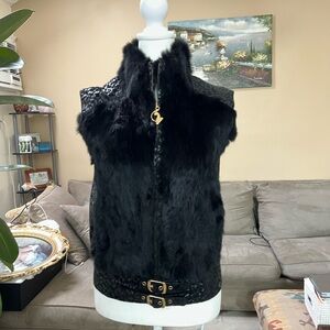 Baby Phat Black and Gold Leather/Rabbit Vest S